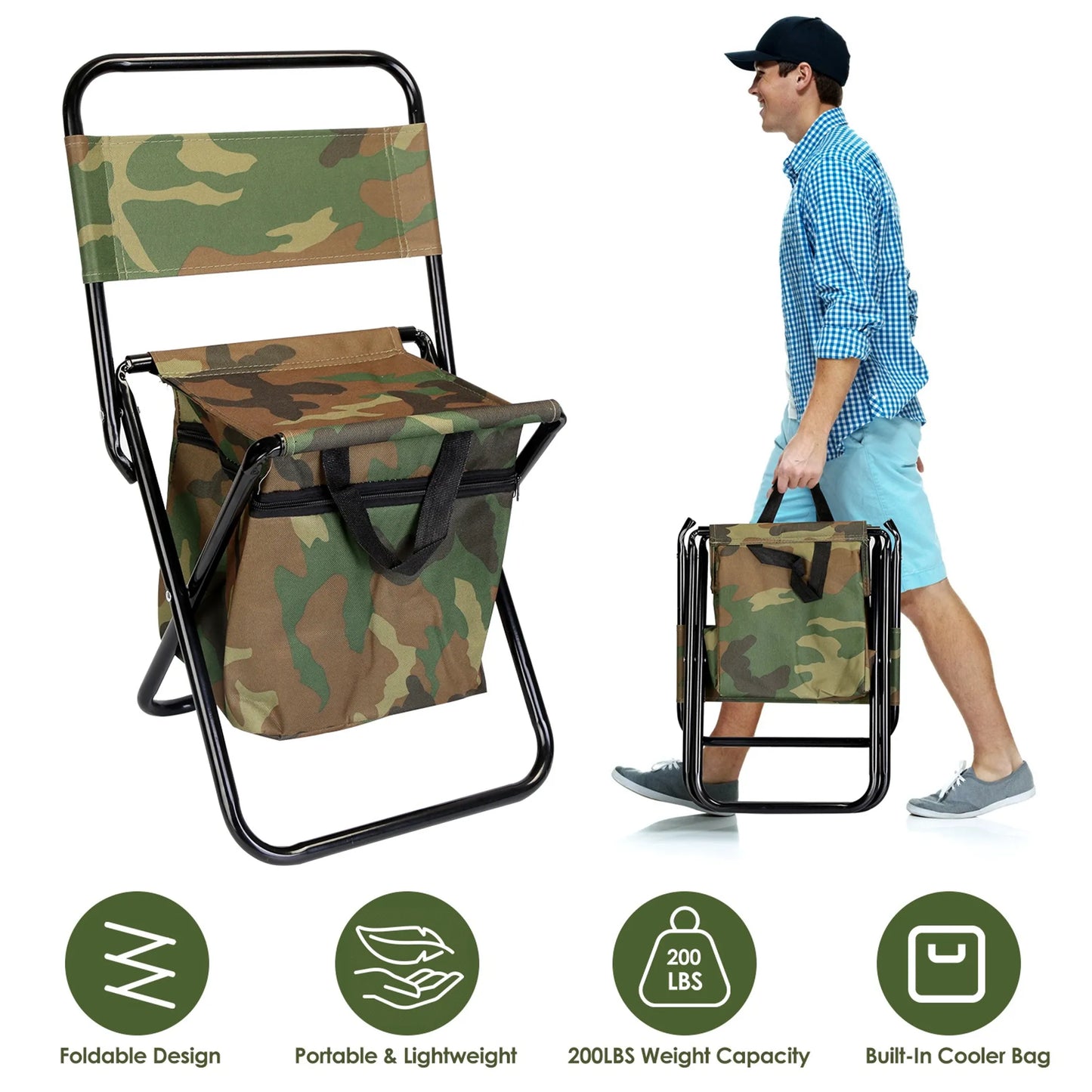 Foldable Fishing Chair – Built-In Cooler Bag, 200 lb Capacity