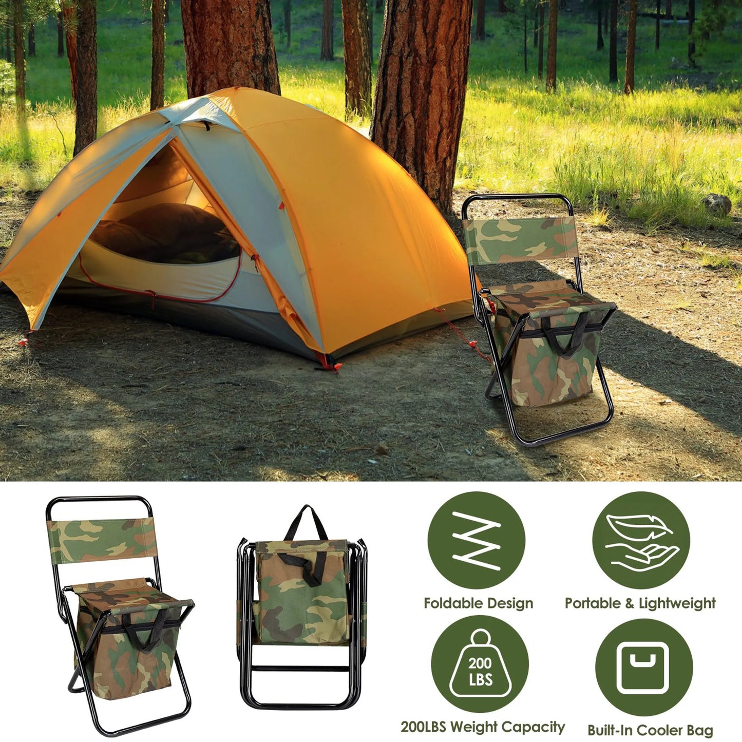 Foldable Fishing Chair – Built-In Cooler Bag, 200 lb Capacity
