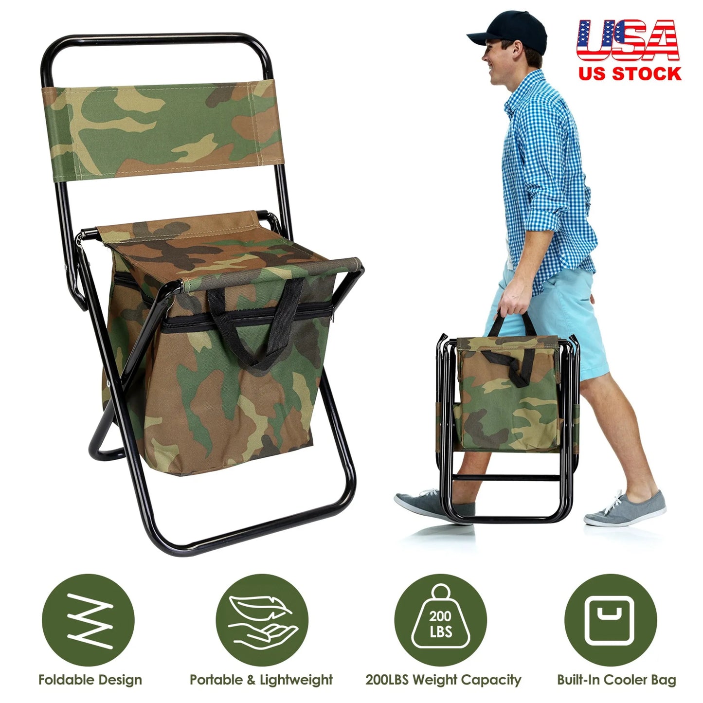 Foldable Fishing Chair – Built-In Cooler Bag, 200 lb Capacity