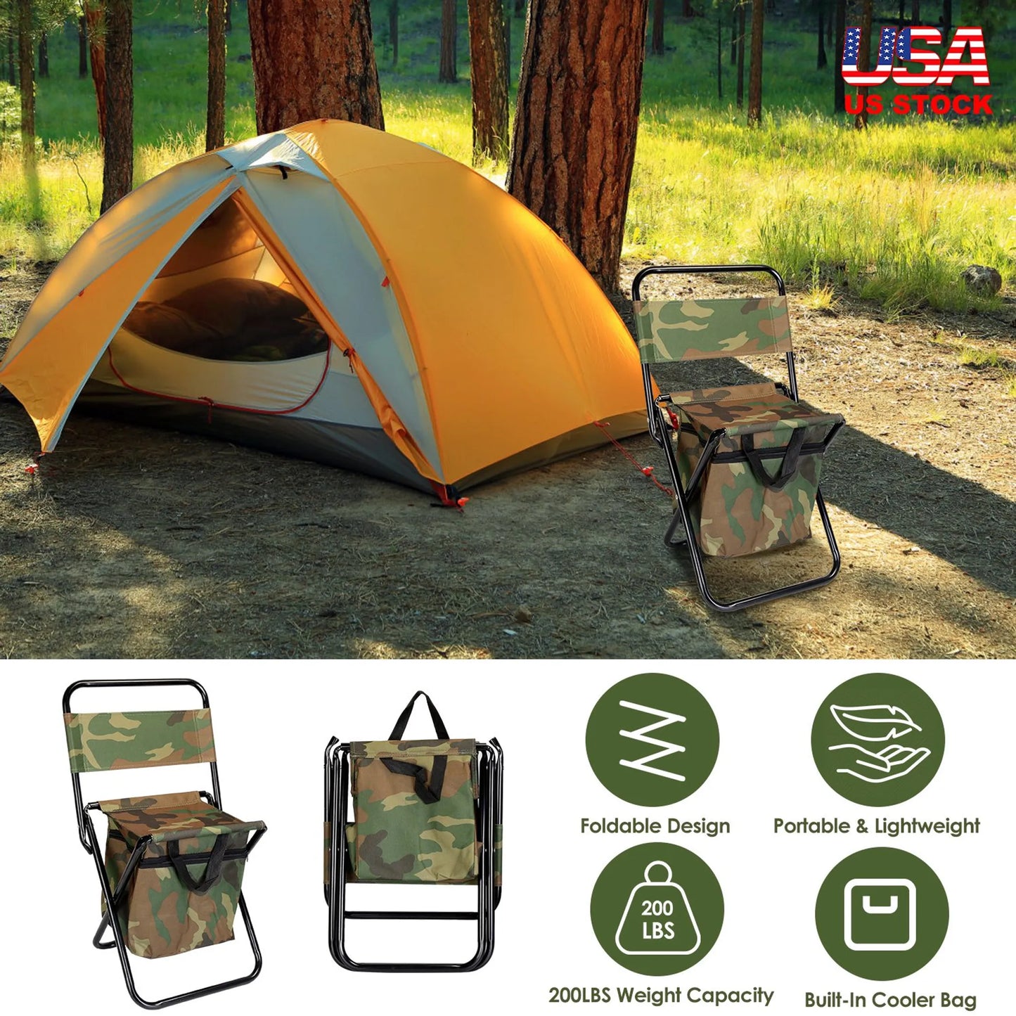Foldable Fishing Chair – Built-In Cooler Bag, 200 lb Capacity