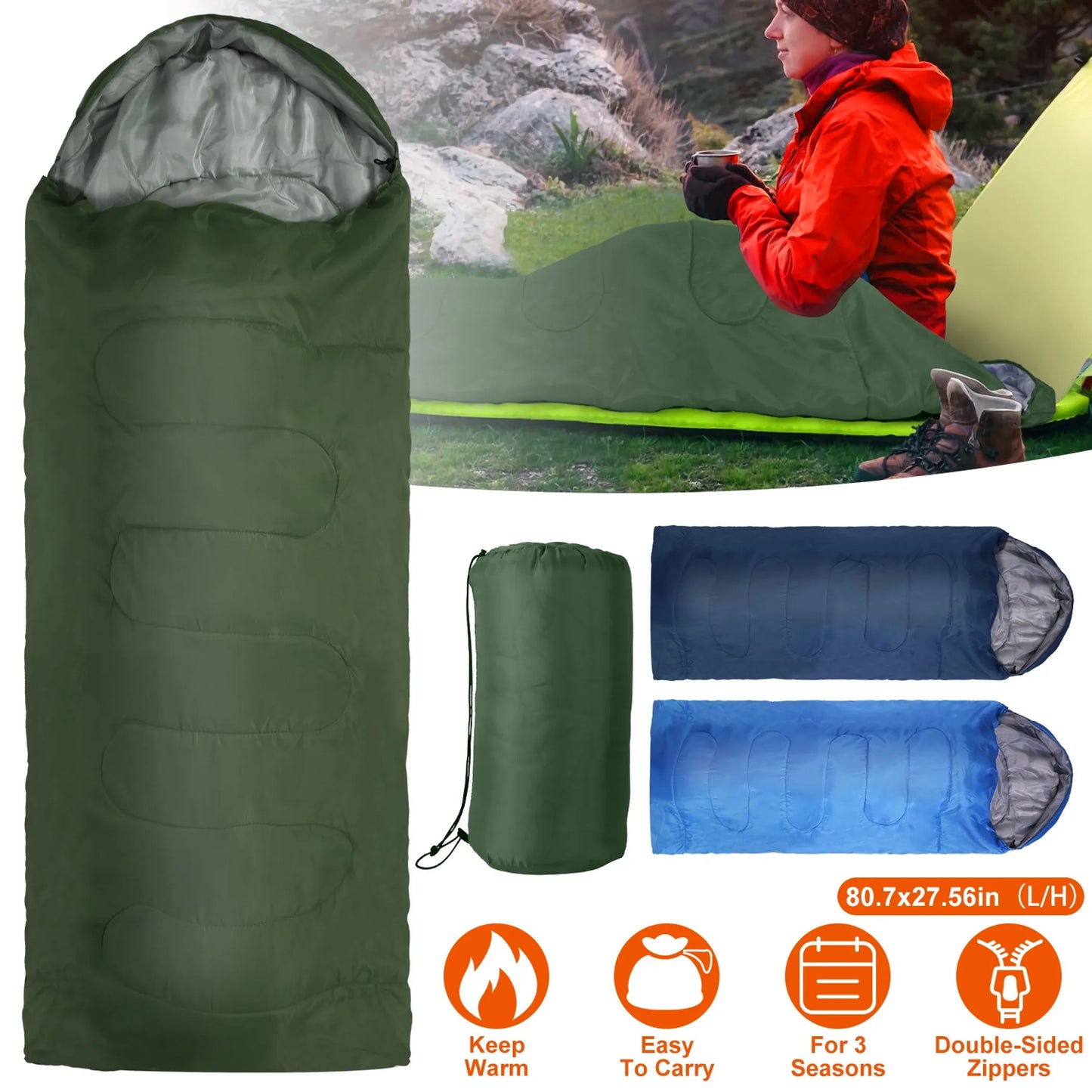 3-Season Camping Sleeping Bag – Lightweight & Moisture-Proof (Army Green)