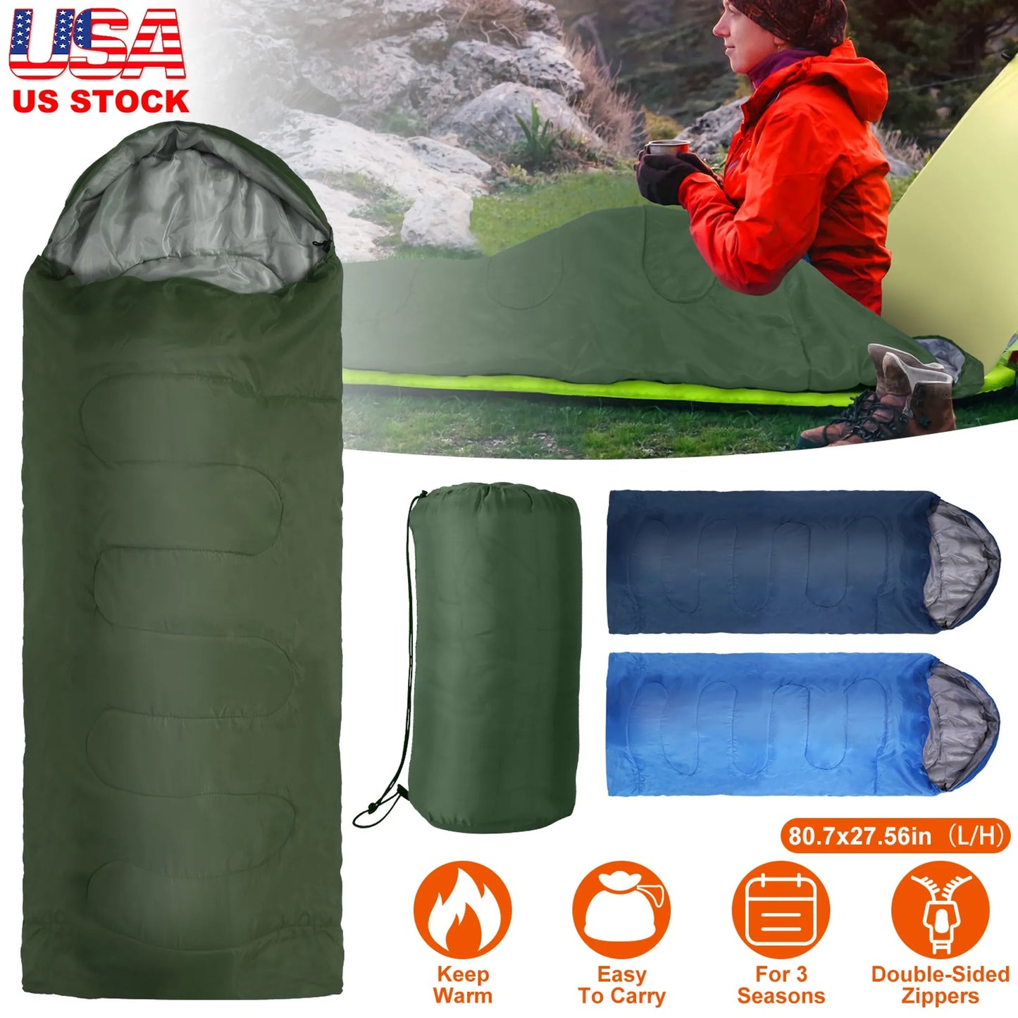3-Season Camping Sleeping Bag – Lightweight & Moisture-Proof (Army Green)
