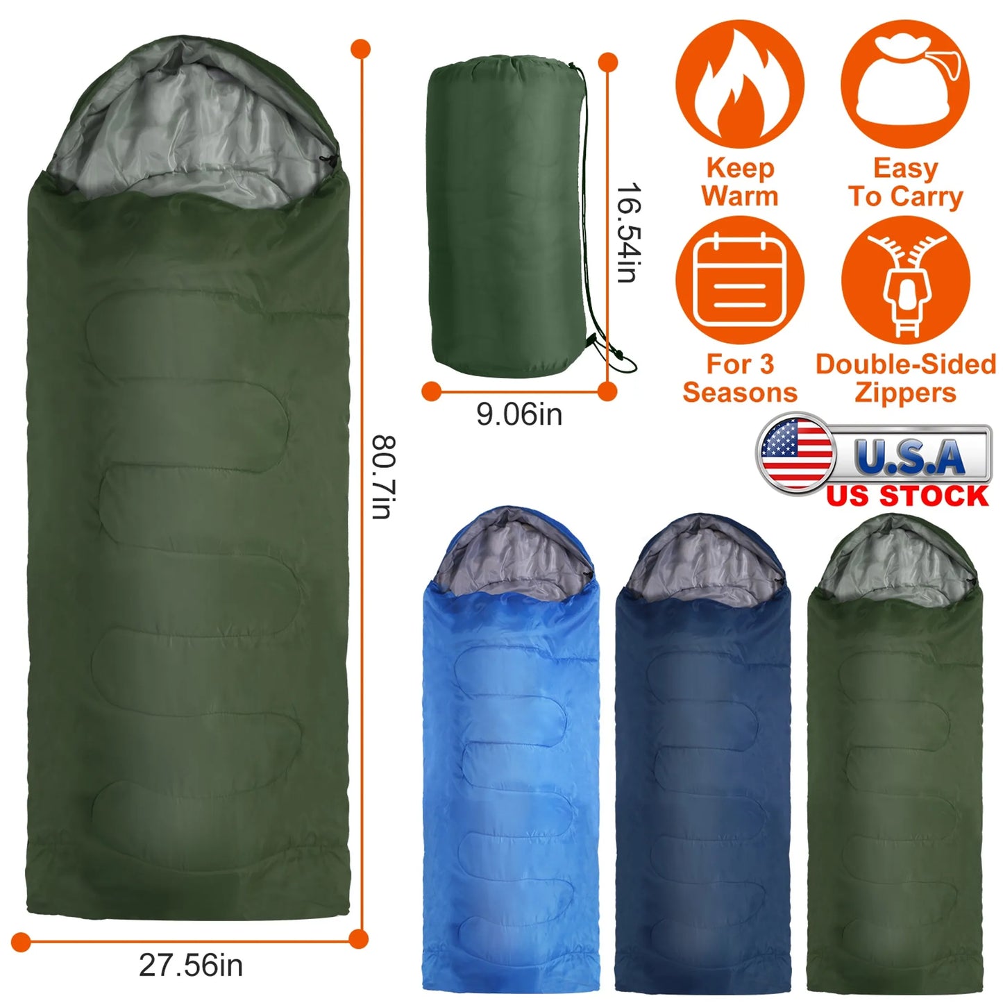 3-Season Camping Sleeping Bag – Lightweight & Moisture-Proof (Army Green)