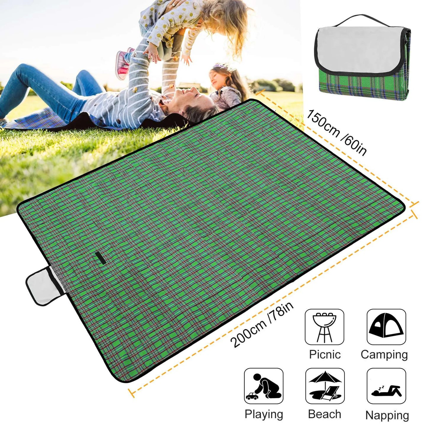 Waterproof Picnic Blanket – 60” x 78”, 600D Oxford, Seats 4 (Green)