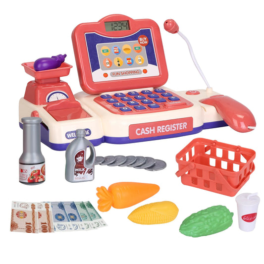 Kids Pretend Play Cash Register Toy Set | Scanner, Conveyor Belt & Play Money | Pink | Ages 3-6