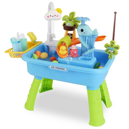 3-in-1 Kids Kitchen Sink Toy with Running Water | Water Table, Sink & Fishing Game | Blue