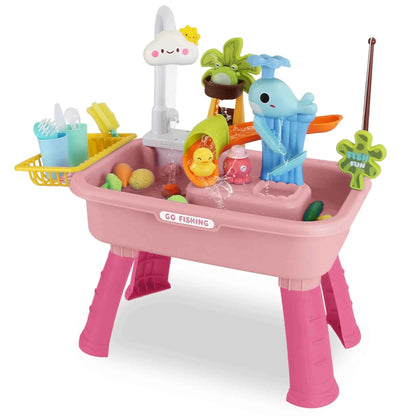 3-in-1 Kids Kitchen Sink Toy with Running Water | Water Table, Sink & Fishing Game | Pink