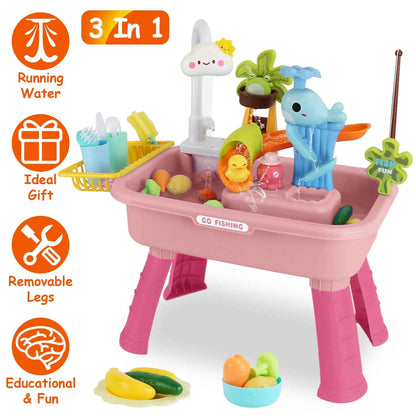 3-in-1 Kids Kitchen Sink Toy with Running Water | Water Table, Sink & Fishing Game | Pink