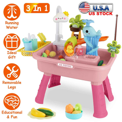 3-in-1 Kids Kitchen Sink Toy with Running Water | Water Table, Sink & Fishing Game | Pink