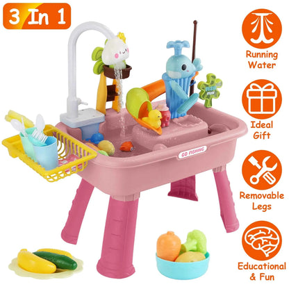 3-in-1 Kids Kitchen Sink Toy with Running Water | Water Table, Sink & Fishing Game | Pink