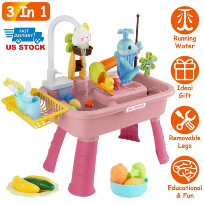 3-in-1 Kids Kitchen Sink Toy with Running Water | Water Table, Sink & Fishing Game | Pink