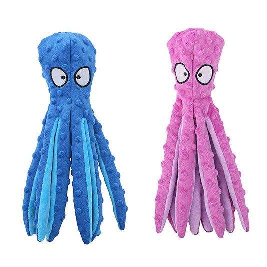 2-Pack Squeaky Octopus Dog Toys | No-Stuffing Plush | Crinkle & Squeaker | Blue & Pink
