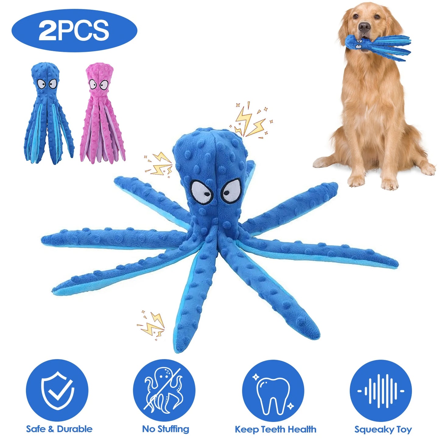 2-Pack Squeaky Octopus Dog Toys | No-Stuffing Plush | Crinkle & Squeaker | Blue & Pink