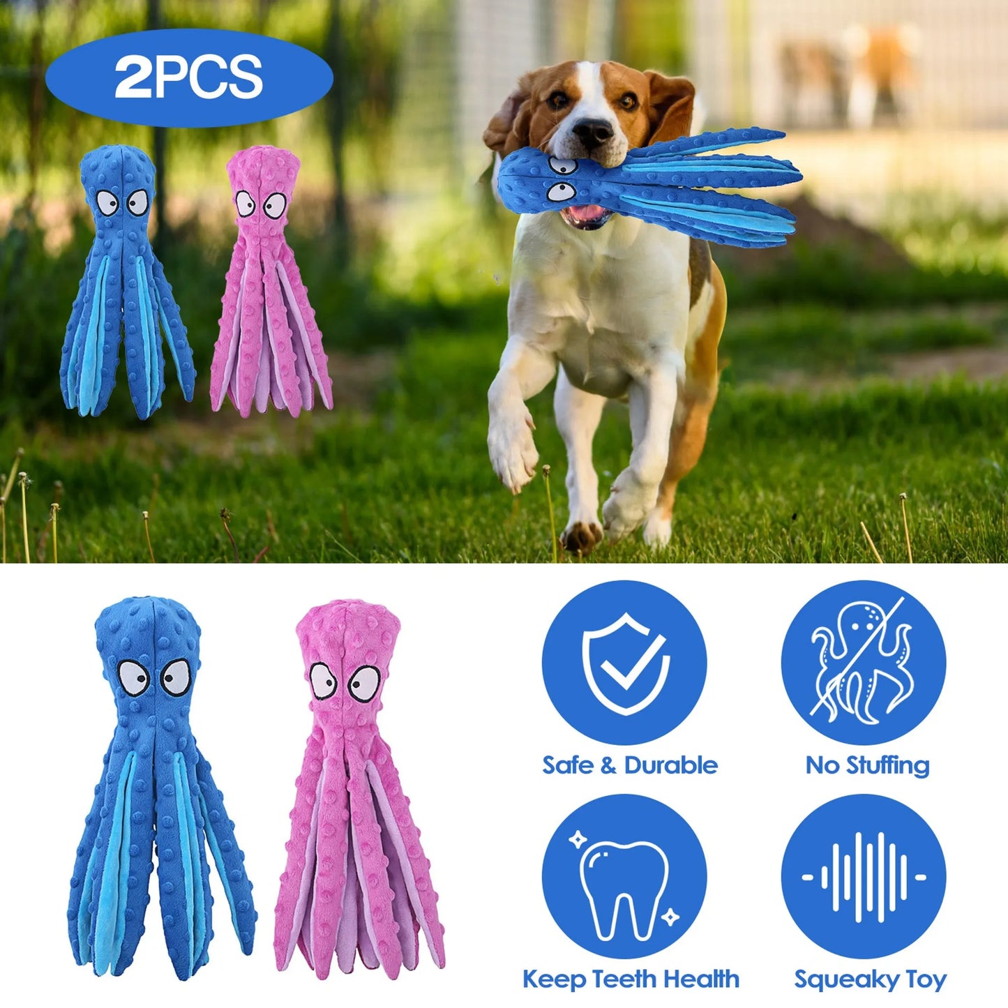 2-Pack Squeaky Octopus Dog Toys | No-Stuffing Plush | Crinkle & Squeaker | Blue & Pink