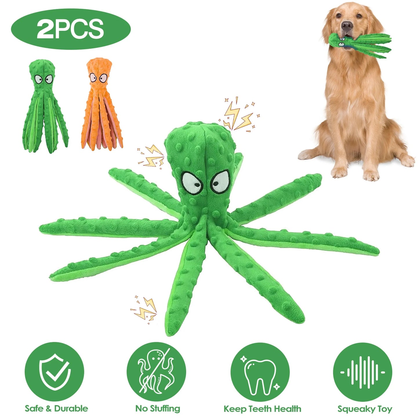 2-Pack Squeaky Octopus Dog Toys | No-Stuffing Plush | Crinkle & Squeaker