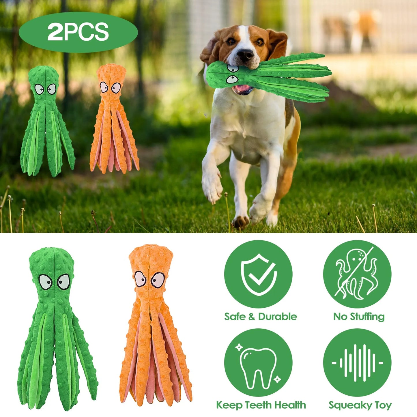 2-Pack Squeaky Octopus Dog Toys | No-Stuffing Plush | Crinkle & Squeaker