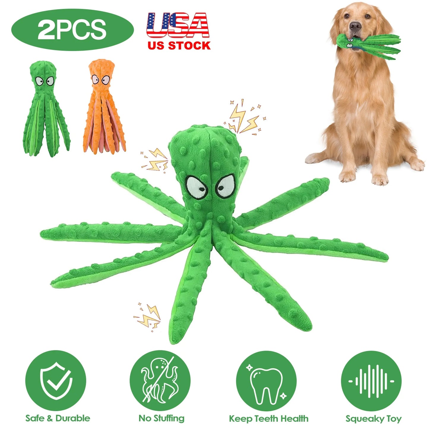 2-Pack Squeaky Octopus Dog Toys | No-Stuffing Plush | Crinkle & Squeaker