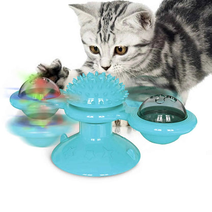 Interactive Windmill Cat Toy | LED Ball, Catnip & Grooming Spiky Ball | Blue & Green