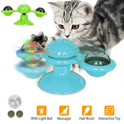 Interactive Windmill Cat Toy | LED Ball, Catnip & Grooming Spiky Ball | Blue & Green