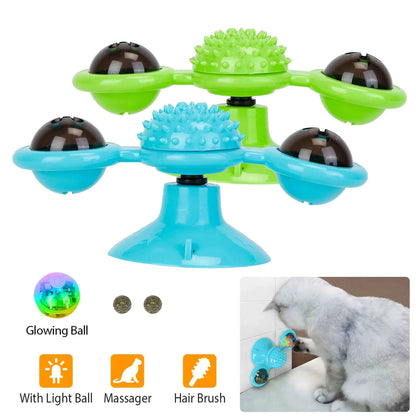 Interactive Windmill Cat Toy | LED Ball, Catnip & Grooming Spiky Ball | Blue & Green