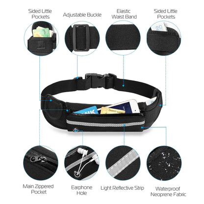 Sport Running Belt Waist Bag | Neoprene | 3 Pockets | Waterproof & Reflective | Unisex