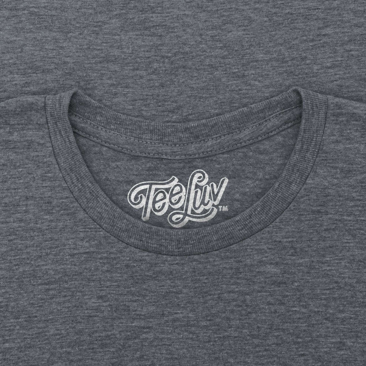 Gray t-shirt crew neck with Tee-Luv logo on the collar.