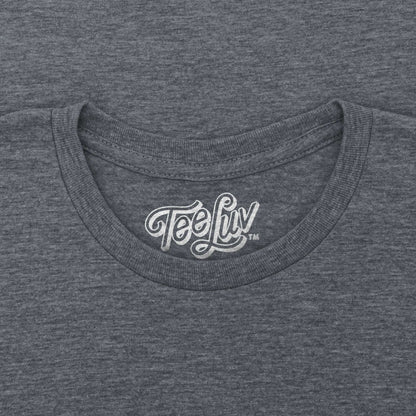 Gray t-shirt crew neck with Tee-Luv logo on the collar.