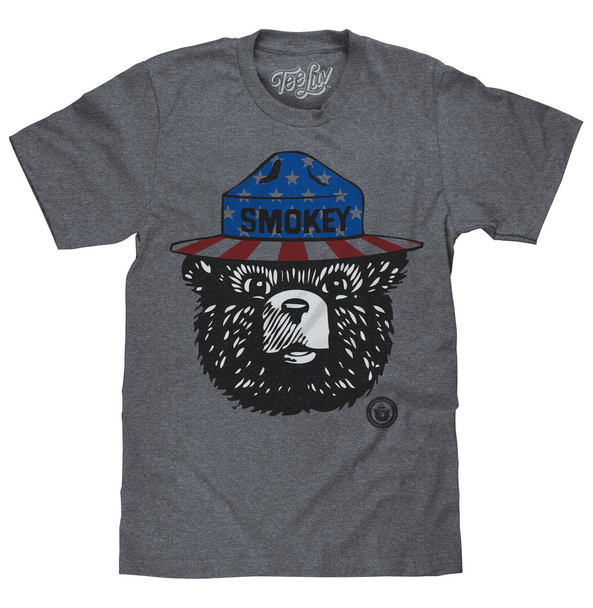 Gray short-sleeve t-shirt with Smokey bear patriotic hat front graphic.