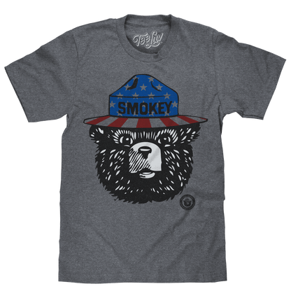 Gray short-sleeve t-shirt with Smokey bear patriotic hat front graphic.