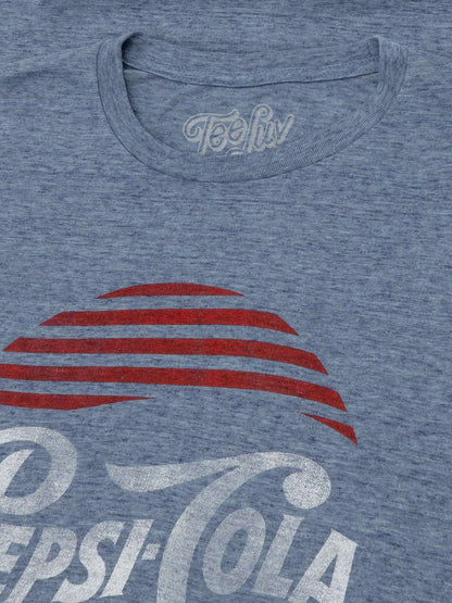 Heather blue Pepsi Cola T-shirt close-up with crew neck and red-white graphic