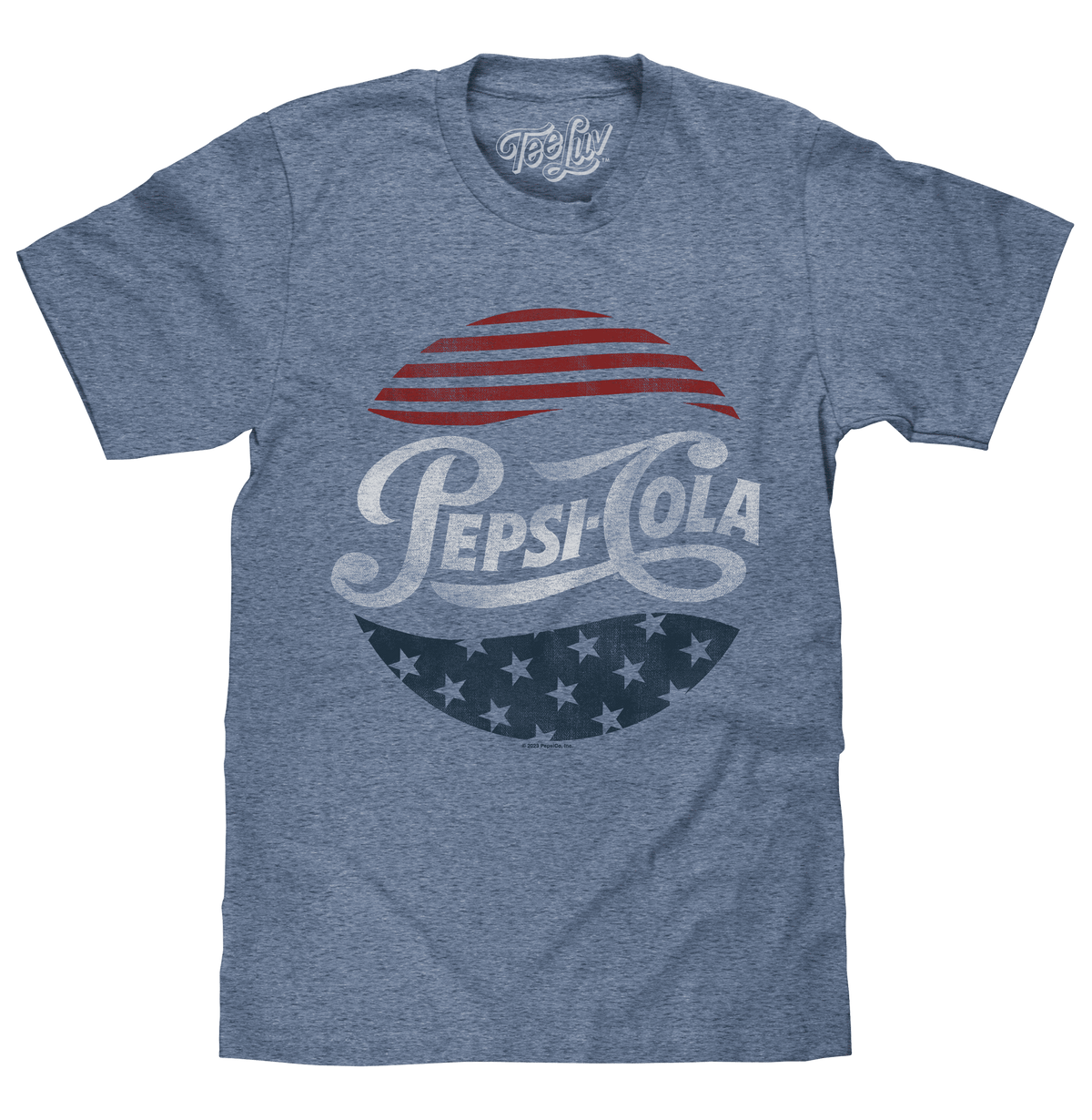Heather blue Pepsi Cola T-shirt with patriotic globe graphic and stars