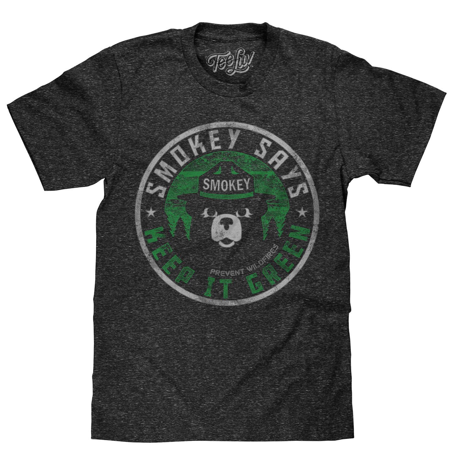 Smokey Bear "Keep It Green" T-Shirt | Distressed Mascot | Onyx Snow Heather | Poly-Cotton