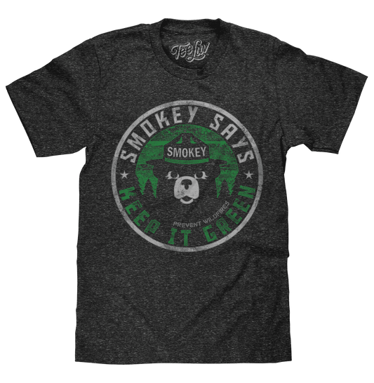 Distressed Smokey Bear T-shirt in dark heather gray with circular green mascot logo