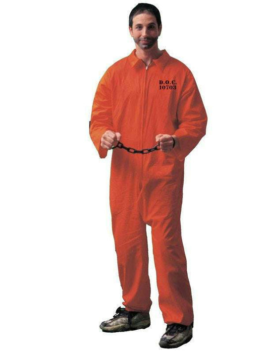 Adult orange zippered jumpsuit with front zipper and black chain handcuffs
