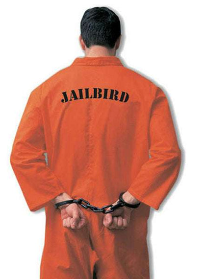 Orange zippered jumpsuit back with JAILBIRD print and black chain handcuffs
