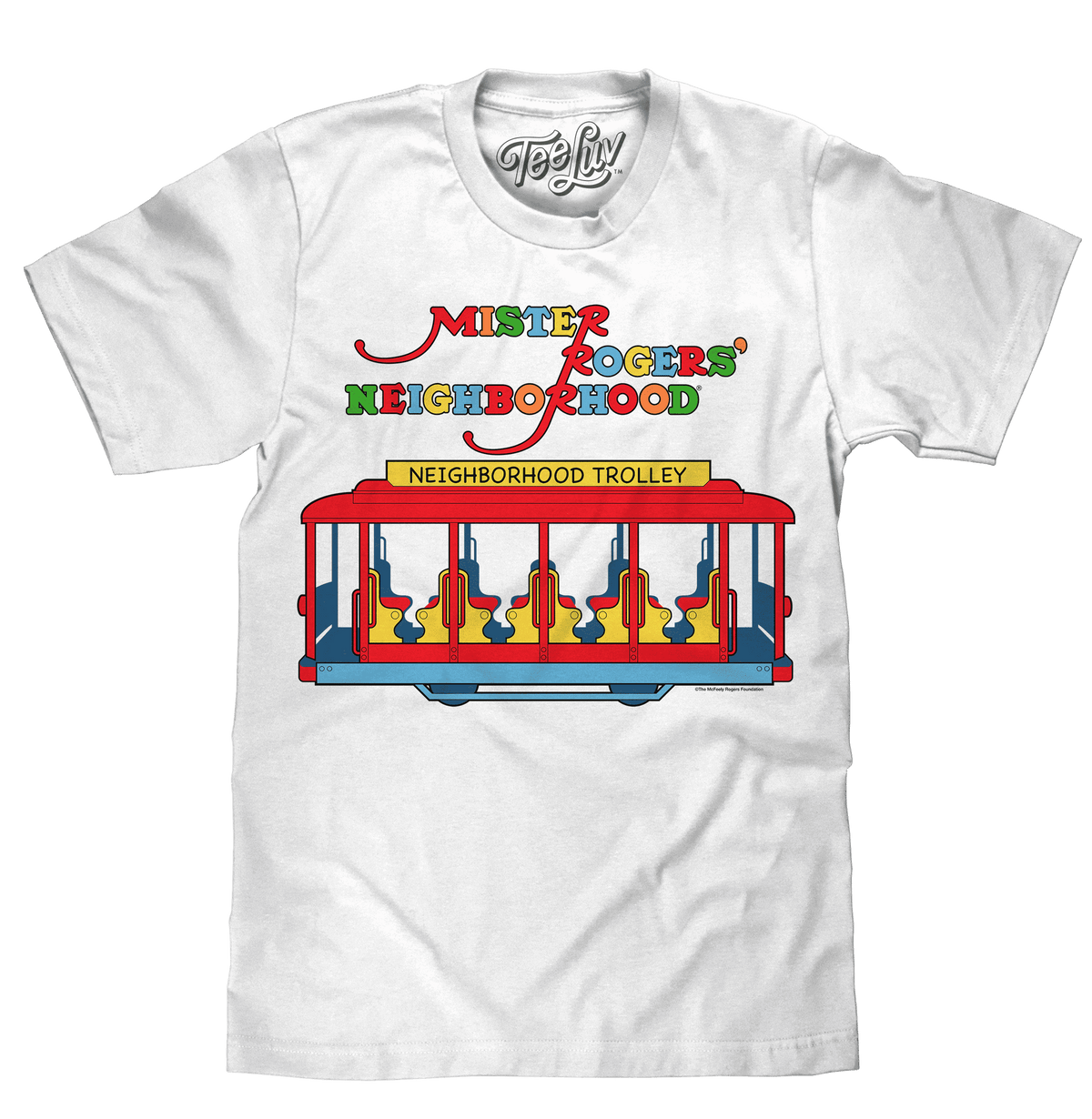 White crewneck T-shirt with colorful Neighborhood Trolley graphic on front