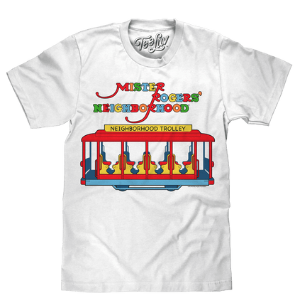 White crewneck T-shirt with colorful Neighborhood Trolley graphic on front
