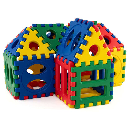 Colorful oversized waffle blocks assembled into two small playhouses