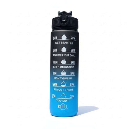 Gradient water bottle with flip lid and motivational time markers, dark top to blue bottom