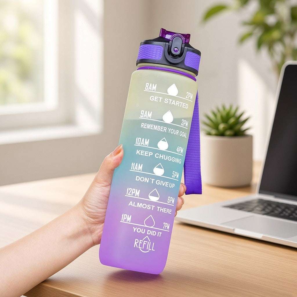 Hands holding gradient water bottle with straw, motivational time schedule on front
