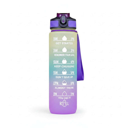 Gradient water bottle with straw, purple-to-blue body and motivational time markers