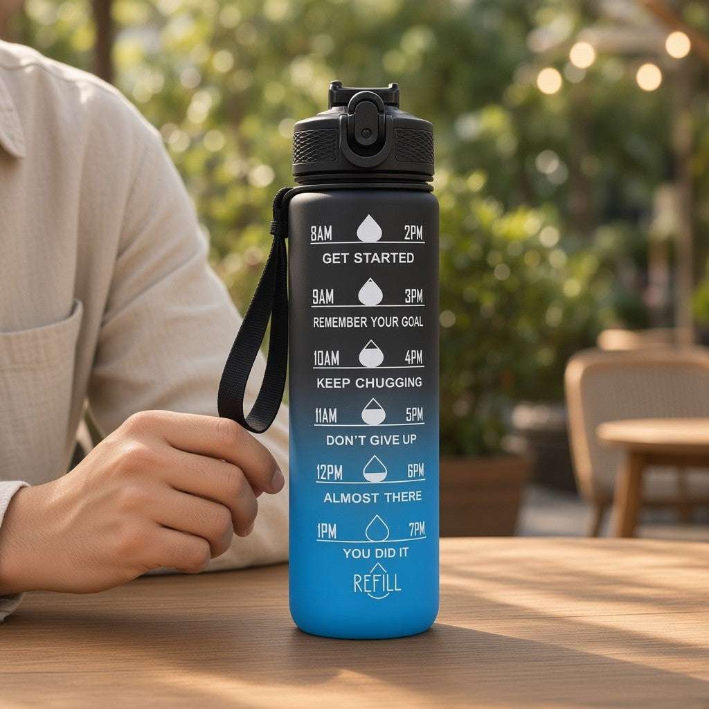Gradient water bottle with motivational time markers and carry strap, dark lid to blue body