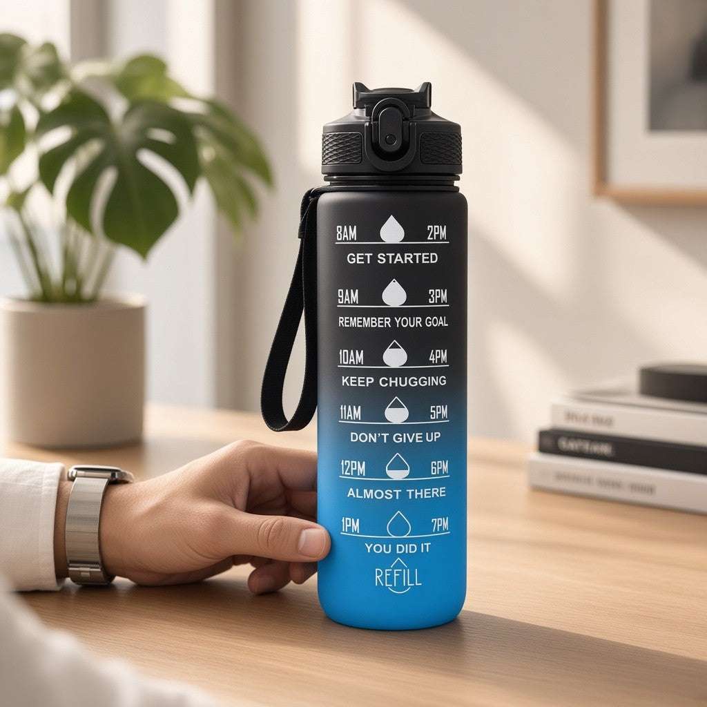 Gradient water bottle with motivational time markers, thumb holding near the middle