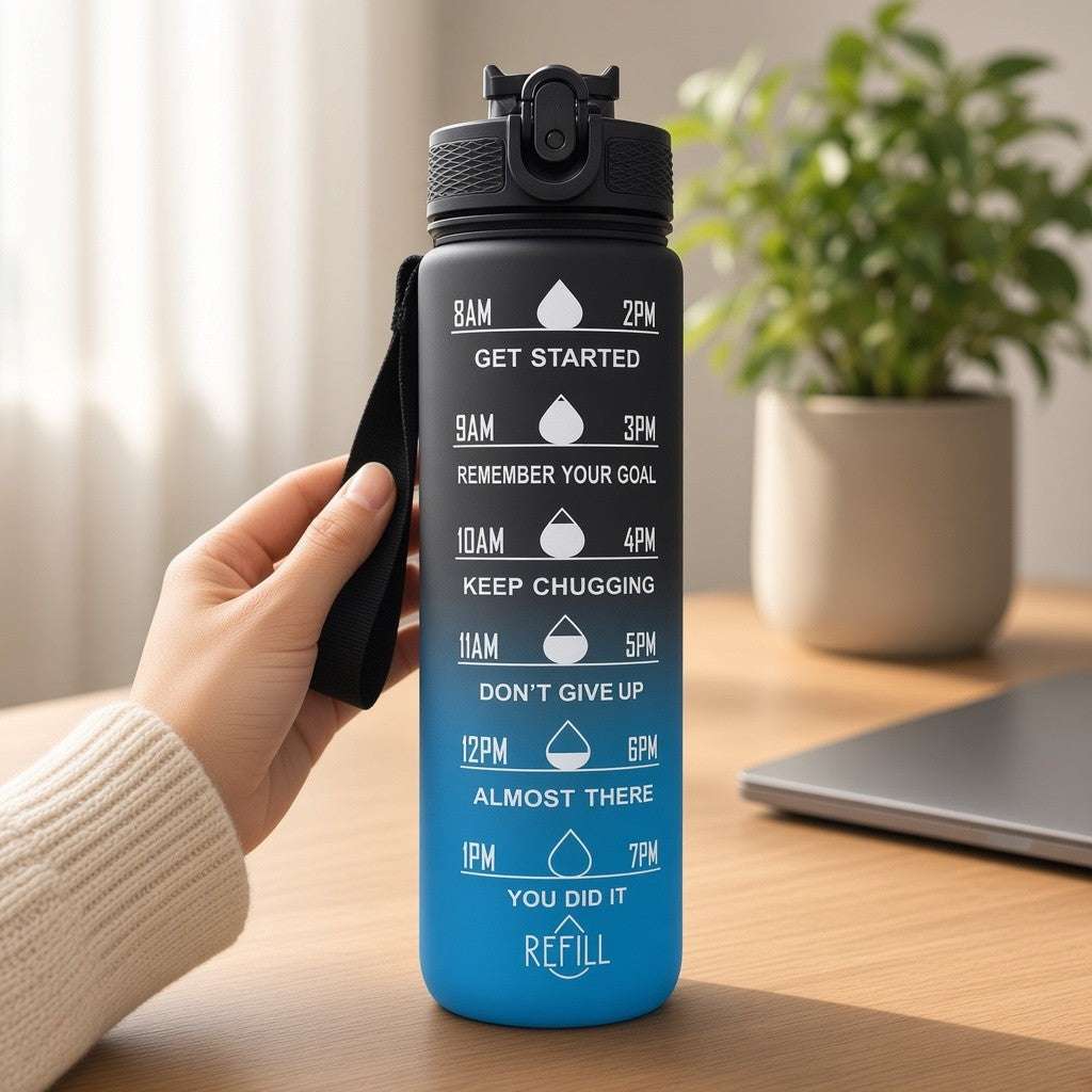 Gradient water bottle with motivational time markers, hand holding strap on blue base