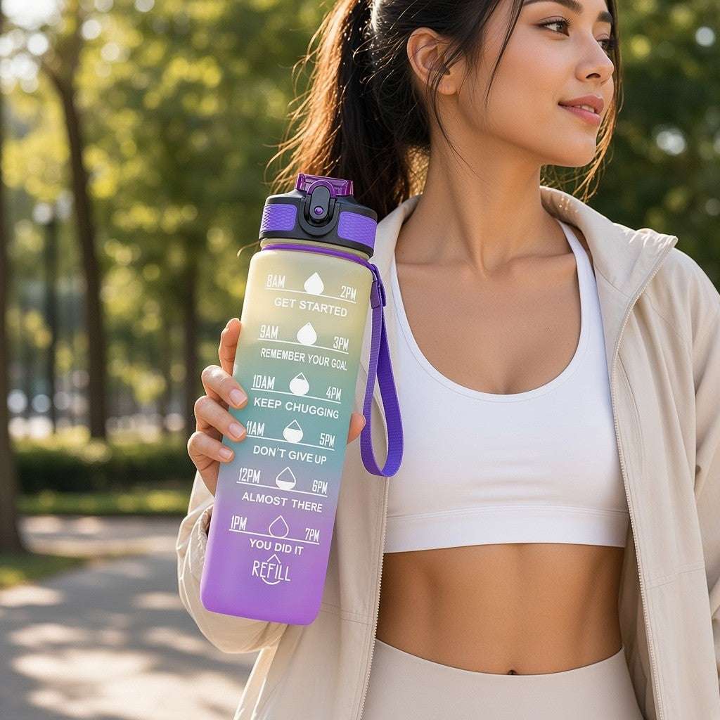 Purple-to-blue-to-yellow gradient water bottle with straw, motivational time text
