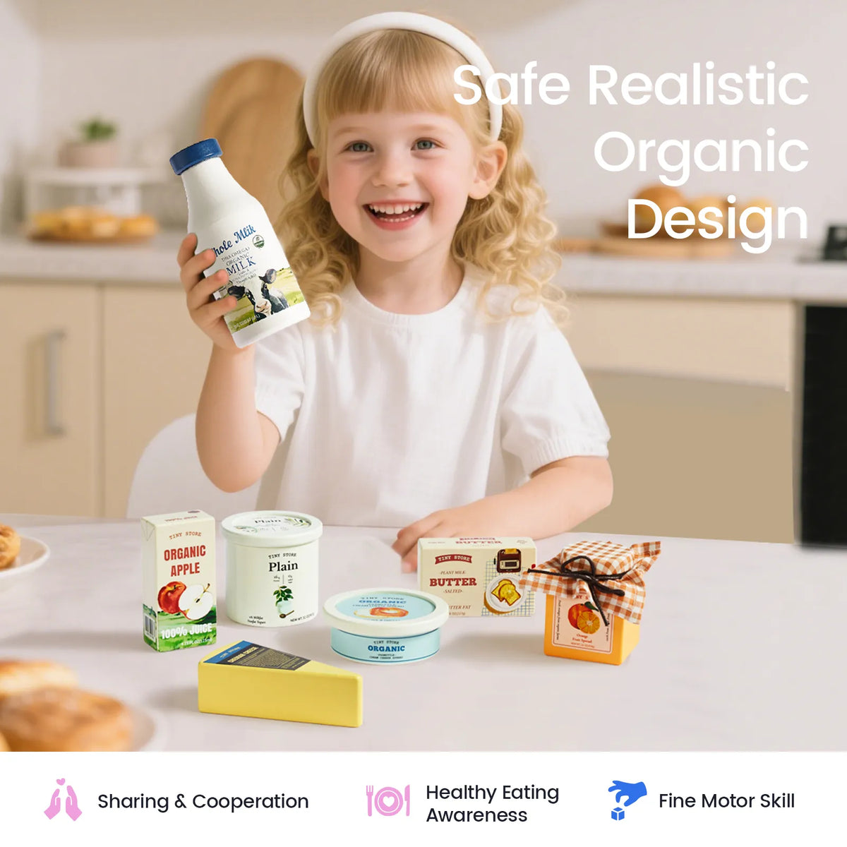 Tiny Land Wooden Dairy Play Food Set - 7-Piece Toy Grocery Pack