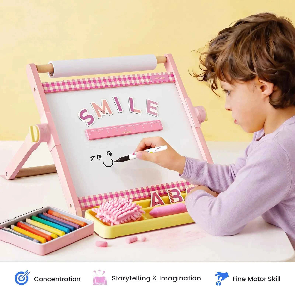 Tiny Land® Double-Sided Magnetic Tabletop Easel | Pink, Oatmeal or Green