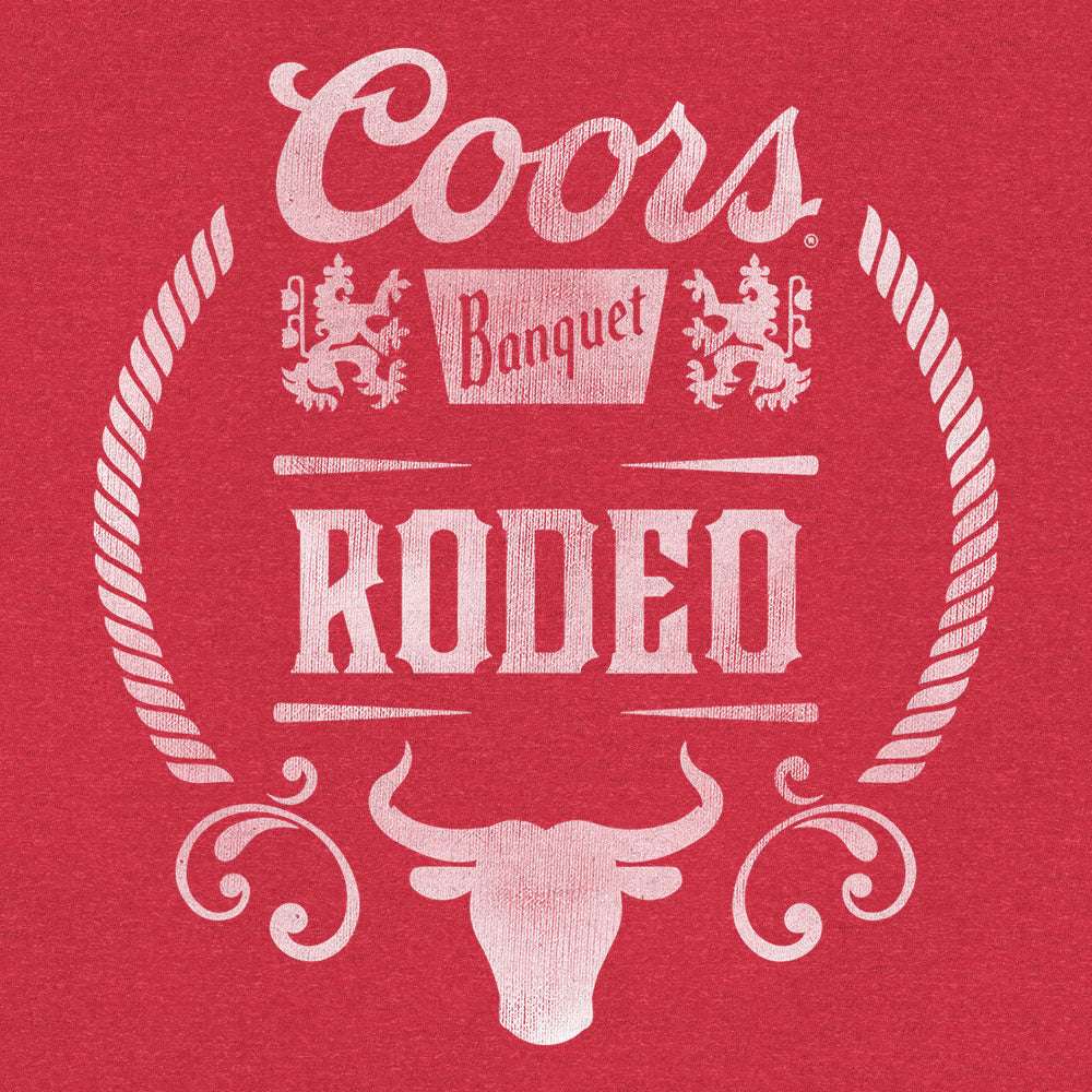Red T-shirt close-up of large white "Rodeo" bull emblem