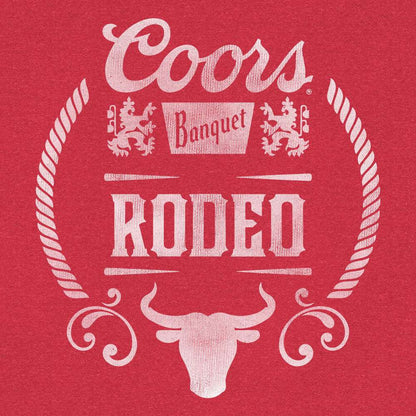 Red T-shirt close-up of large white "Rodeo" bull emblem
