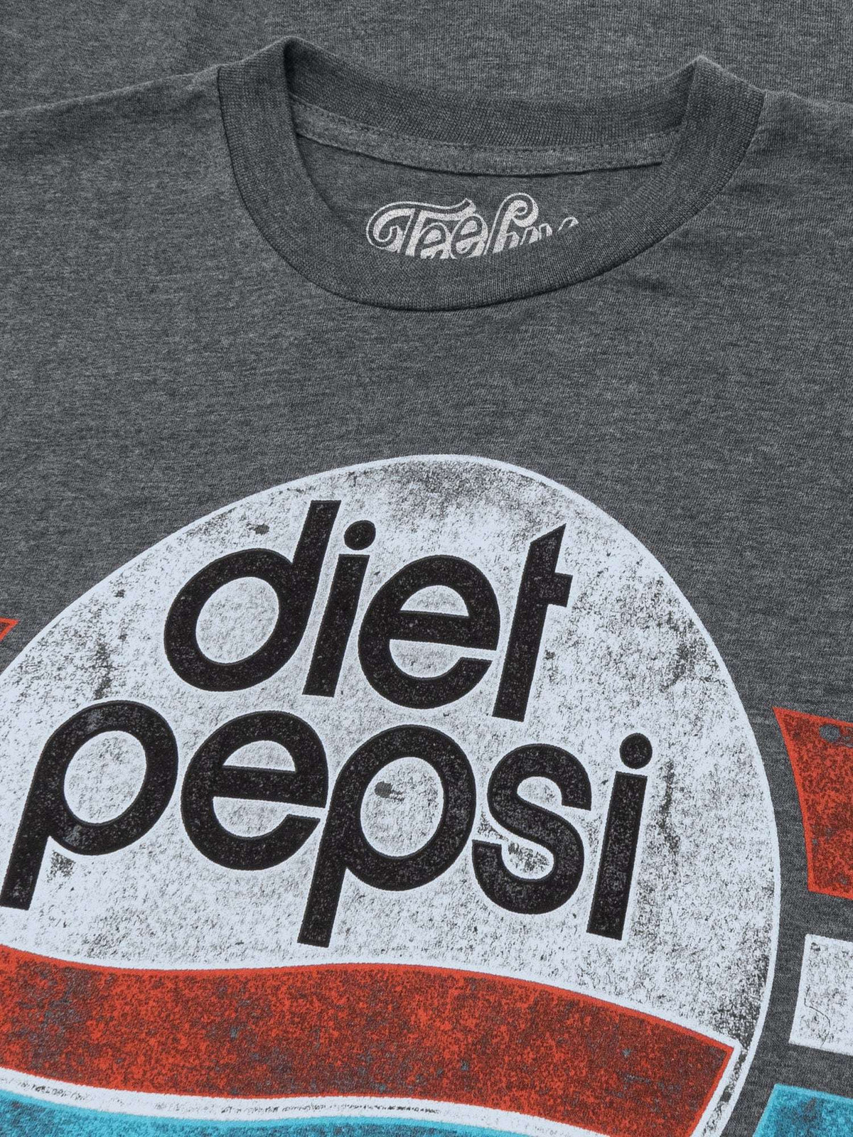 Gray heather T-shirt close-up of large Diet Pepsi logo graphic